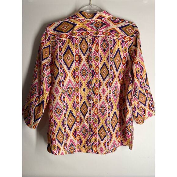 Chico's 100% Linen Colorful Printed Aztec No Iron Button Down Top Size 1 US M - Picture 4 of 4